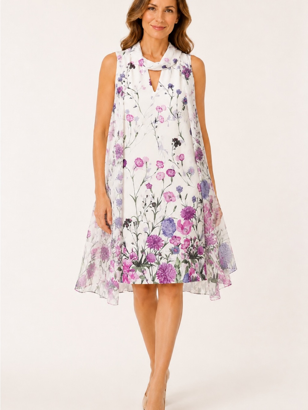 Ivanka Trump White Floral Chiffon A-Line Dress with Pink & Purple Blooms